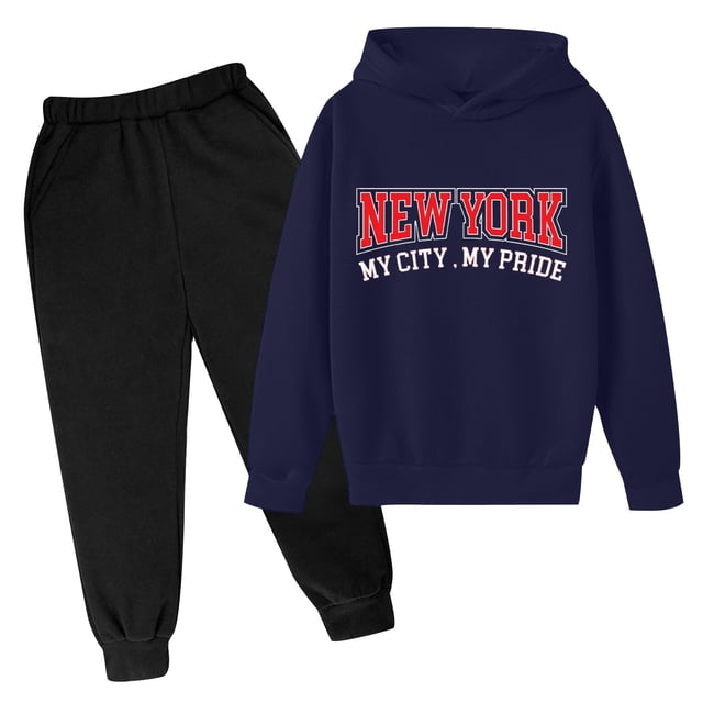 WEIYLL Boys Outfits Sets Winter Pullover Hoodie Letter Printed Long Sleeve Navy Suits 4-5 Years