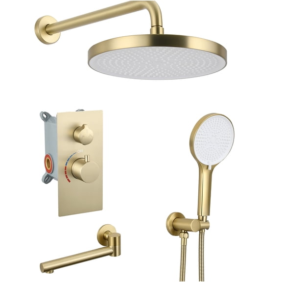 JERFIT 10 inch Rainfall Shower System Set, Brushed Gold 3-Function Shower Combo with Solid Brass Valve, Handheld Showerhead and Bathtub Spout, Wall Mount Luxury Shower Kit