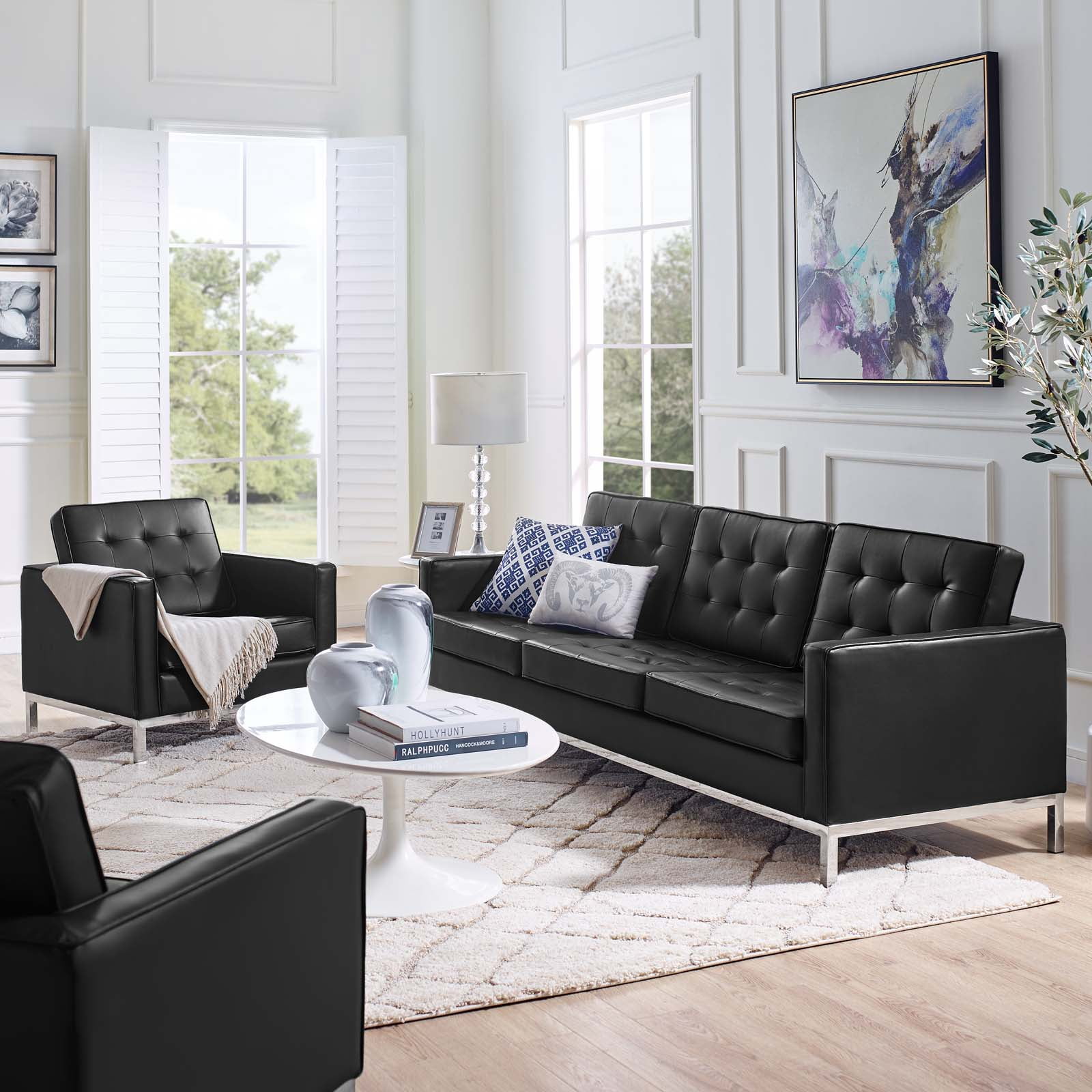 Modway Loft Tufted Upholstered Faux Leather Sofa and Armchair Set in