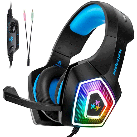 Gaming Headset with Mic for Xbox One PS4 PC Nintendo Switch Tablet Smartphone, Headphones Stereo Over Ear Bass 3.5mm Microphone Noise Canceling 7 LED Light Soft Memory Earmuffs