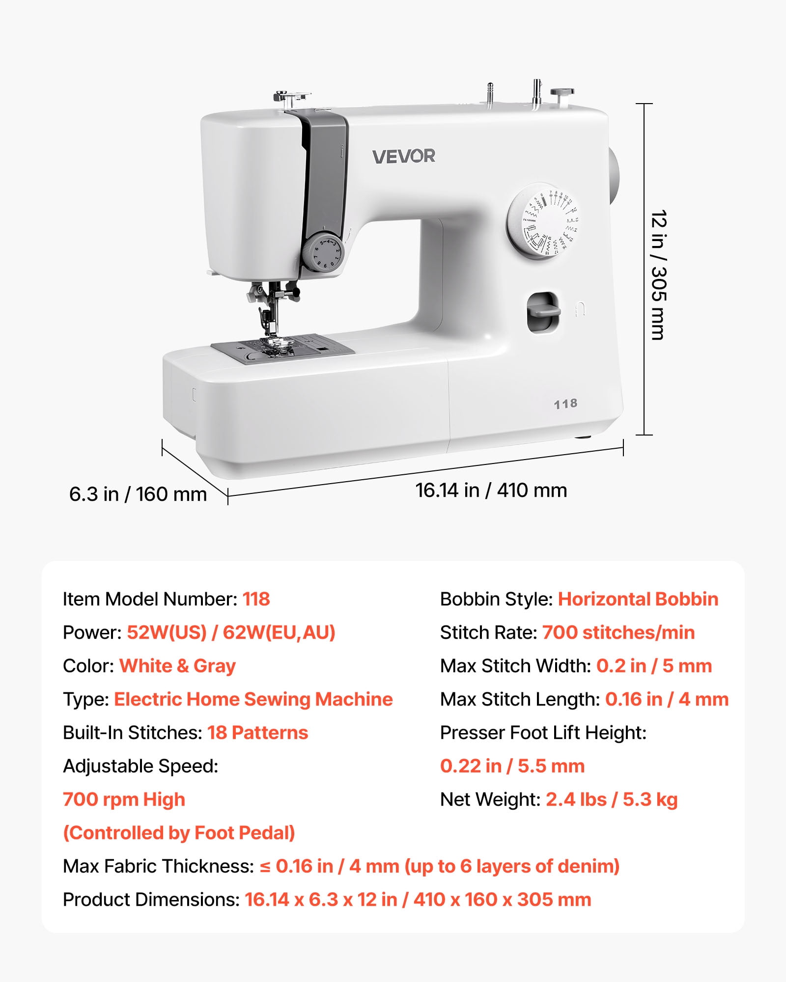 VEVOR Sewing Machine, 18 Stitch Applications, with LED Light and Foot Pedal, Simple Dial Control, Interior Metal Frame, Lightweight and Portable Beginner Sewing Machine for Adults Crafts and Mending