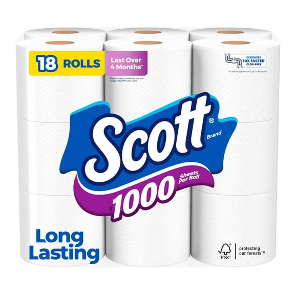 Scott 1000 Toilet Paper, YPF5 18 Rolls, Septic-Safe, 1-Ply Toilet Tissue