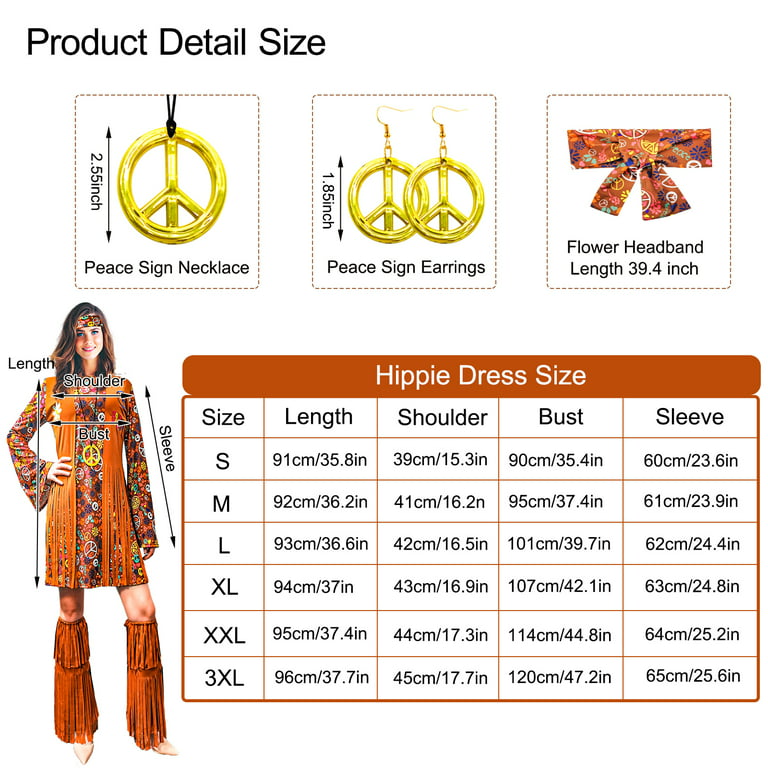 60s 70s Hippie Costume Outfits Hippy Clothes Disco Dress Adult Costume For  Women,60s 70s Party Costume,Brown Size Small