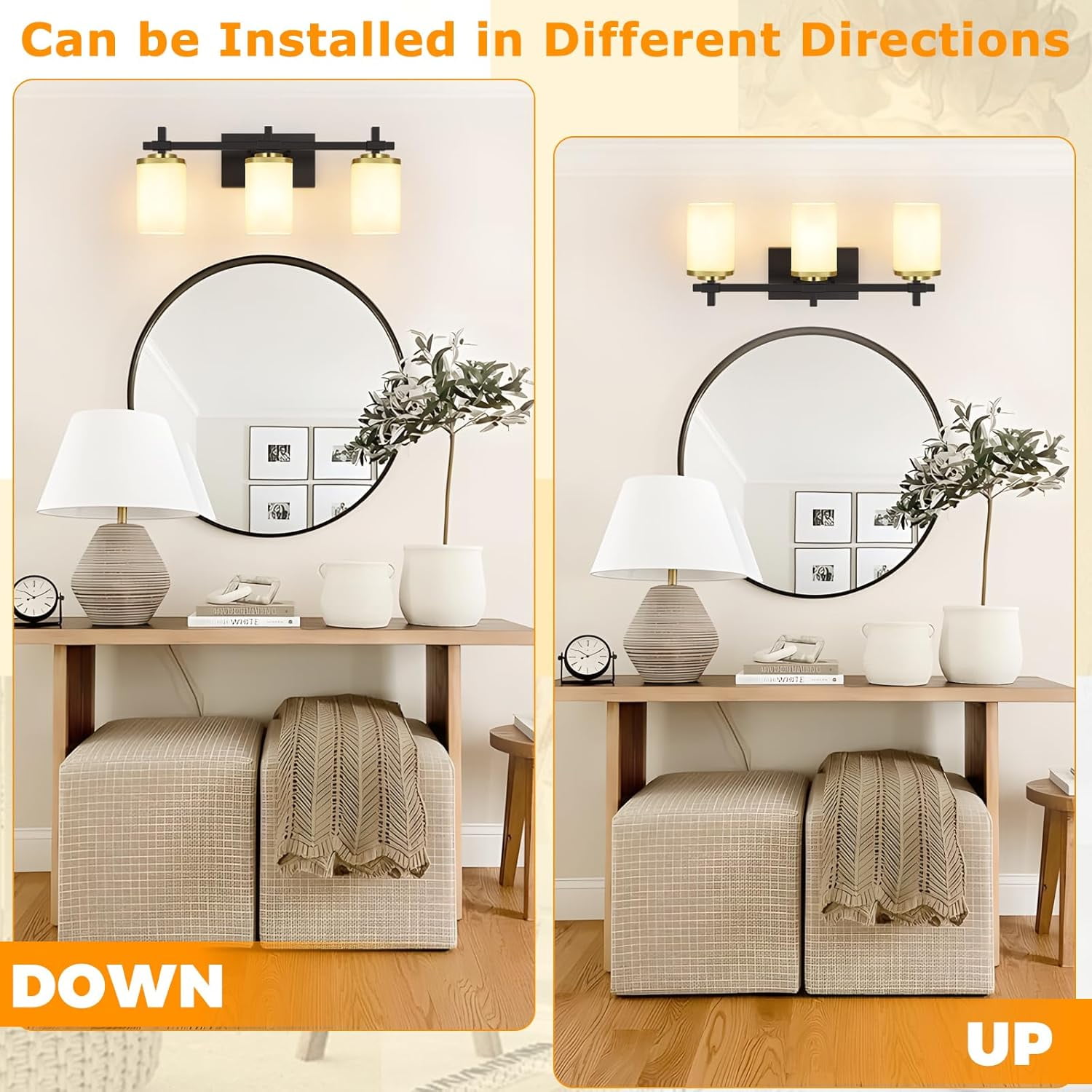 Bathroom Light Fixtures, 3-Light Coastal Vanity Lights with Milky White Frosted Glass Shade, Black Bathroom Wall Lamp for Mirror Kitchen Hallway Cabinet