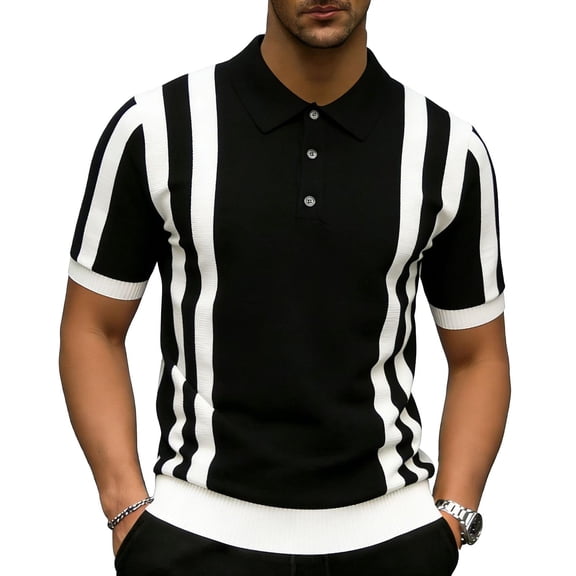 COSFO Striped Mens Golf Polo Shirts Knit Casual Short Sleeve Shirt Slim Fit Collared Pullover Button Tops
