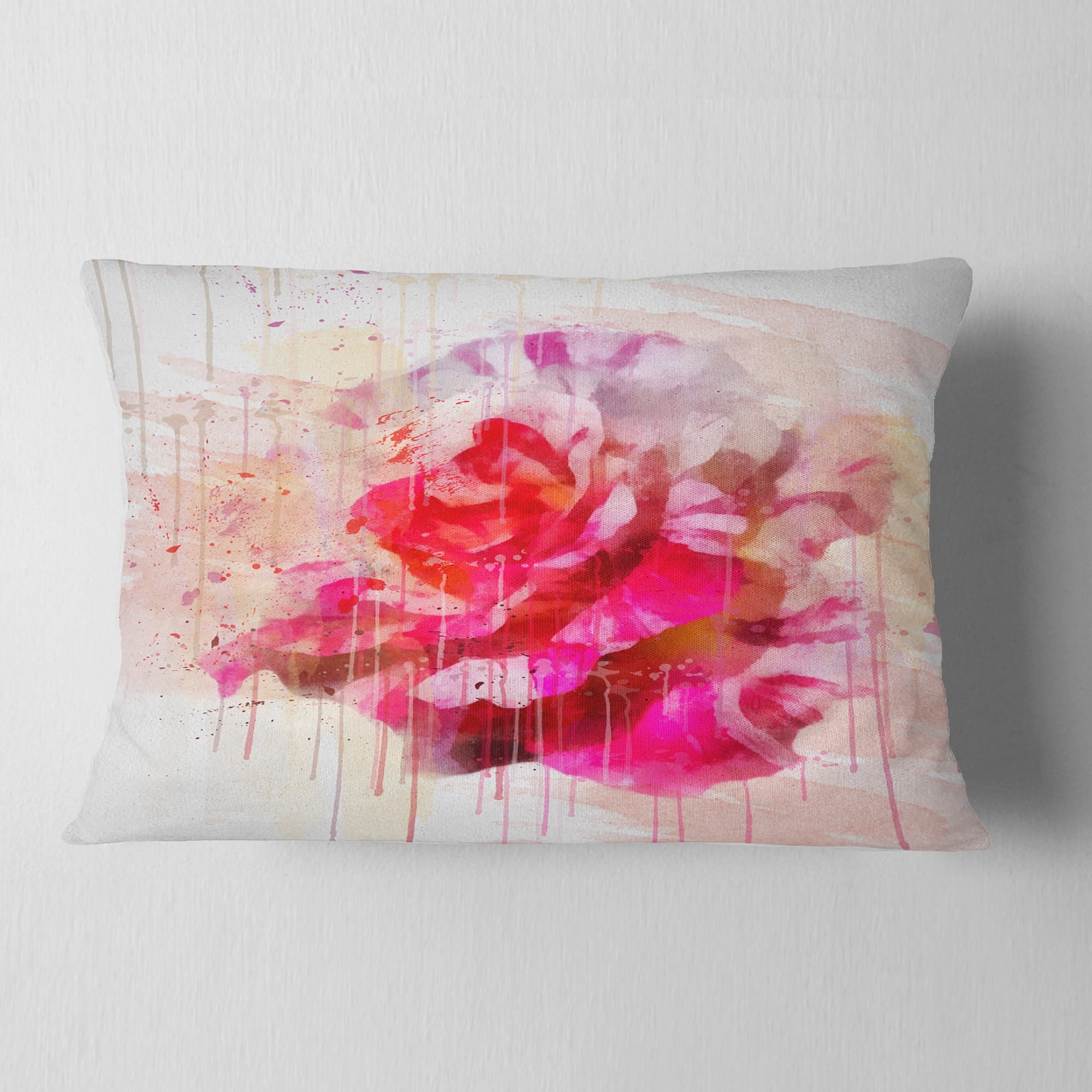 Designart Red Rose with Watercolor Splashes - Floral Throw Pillow - 12x20