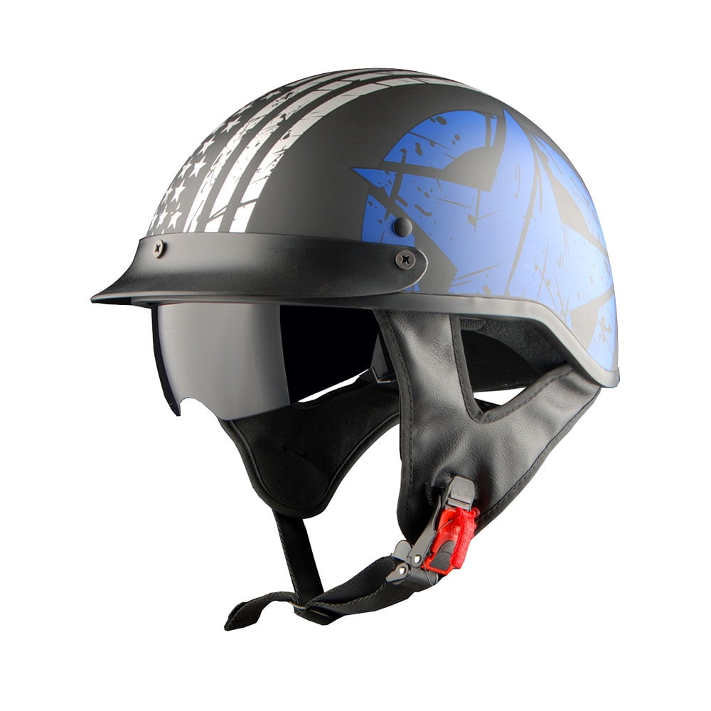 1Storm Motorcycle Half Face Helmet HKY205V Mopeds Scooter Pilot with retractable Inner Smoked Visor, Blue Flag + T008 Black Tinted Goggle Bundle