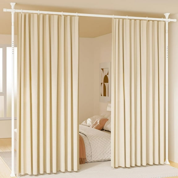 Room Divider Curtain Rods No Drilling, Adjustable 4-10Ft(H) Wall Divider for Room Separation, Heavy Duty Ceiling Curtain Rod, Freestanding Space Room Partition, White