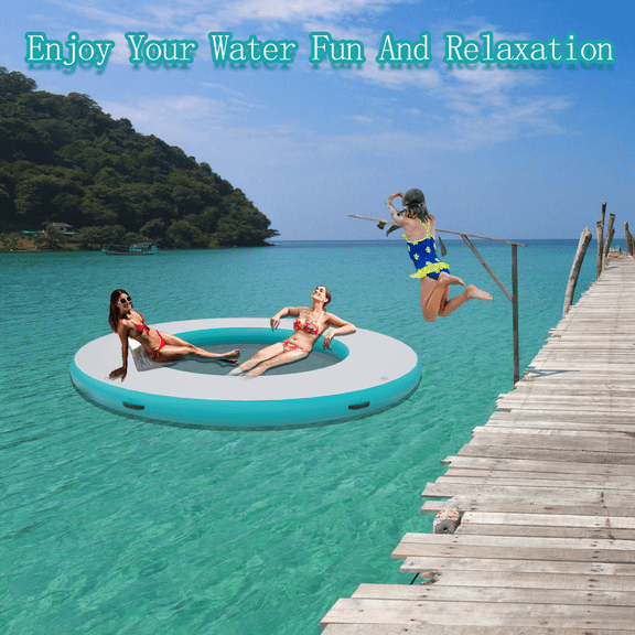 Inflatable Floating Dock Platform, PVC Water Hammock & Pool Float, Round Ring Raft Island Lounge Pad for Lake Beach Pool