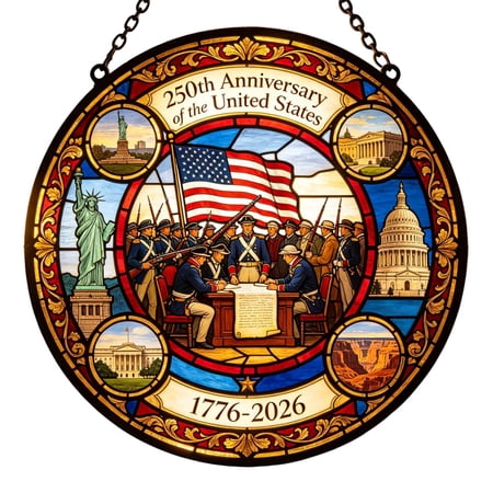 Multi Historic Landmark Wreath US Flag Round Suncatcher, Acrylic Window Hanging Present For American History Lovers USA 250th National Anniversary Housewarming Gift