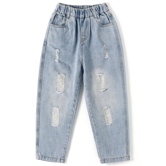 KIDSCOOL SPACE Girl Boy Jeans,Kid Ripped Casual Elastic Waist Denim Pants,Light Blue,14-15 Years