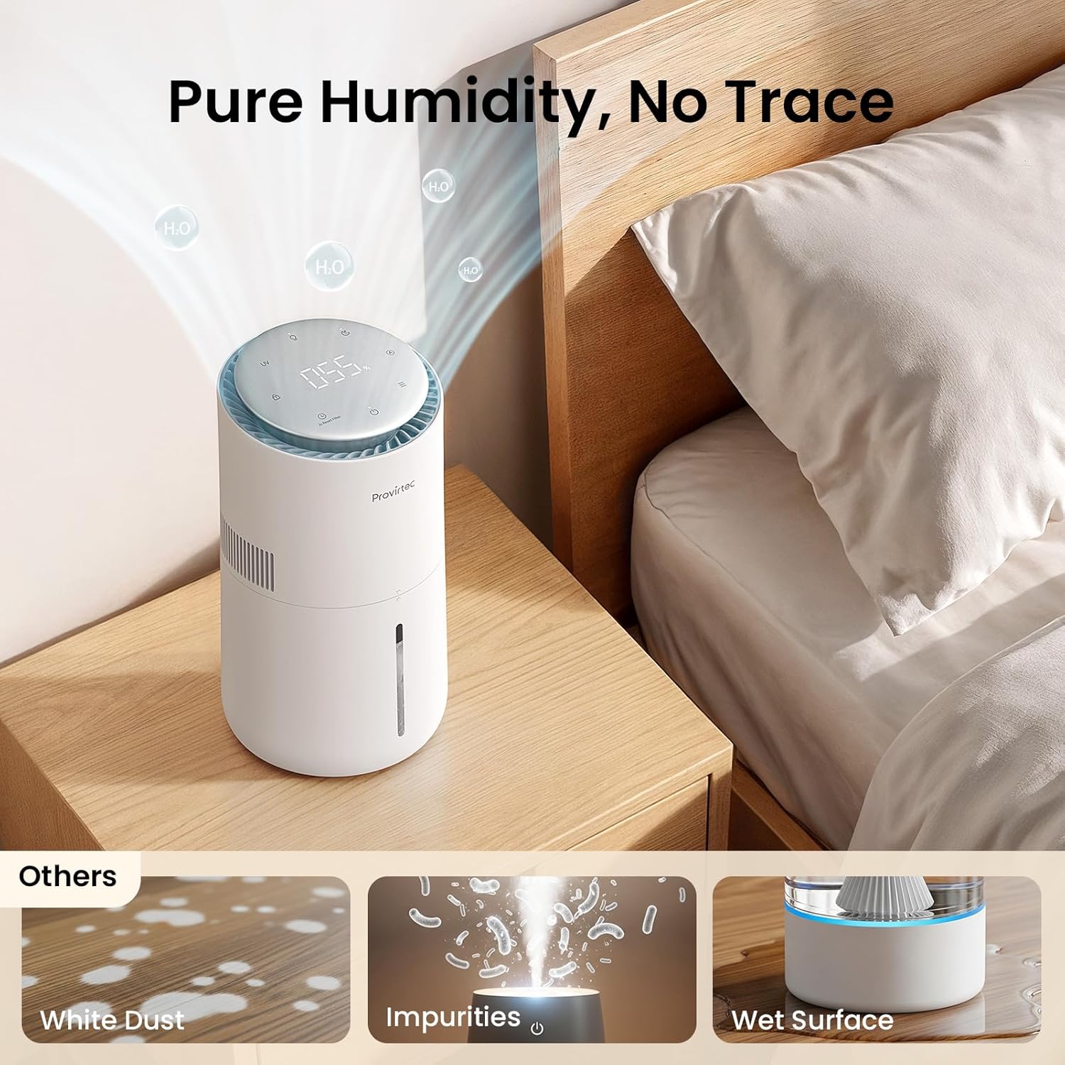 MistFree Evaporative Humidifier for Bedroom, 3L No White Dust for Sensitive Individuals & Kids, Auto Humidity Control, Ultra Quiet Sleep Mode, Easy Clean Tank for Office & Small Room HC13