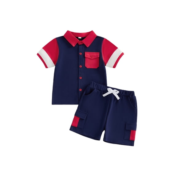 BemeyourBBs Toddler Baby Boys Summer Clothes 2 Pieces Outfit Contrast Color Short Sleeve Lapel Button Down Shirt Tops with Pockets Cargo Shorts 2Pcs Set