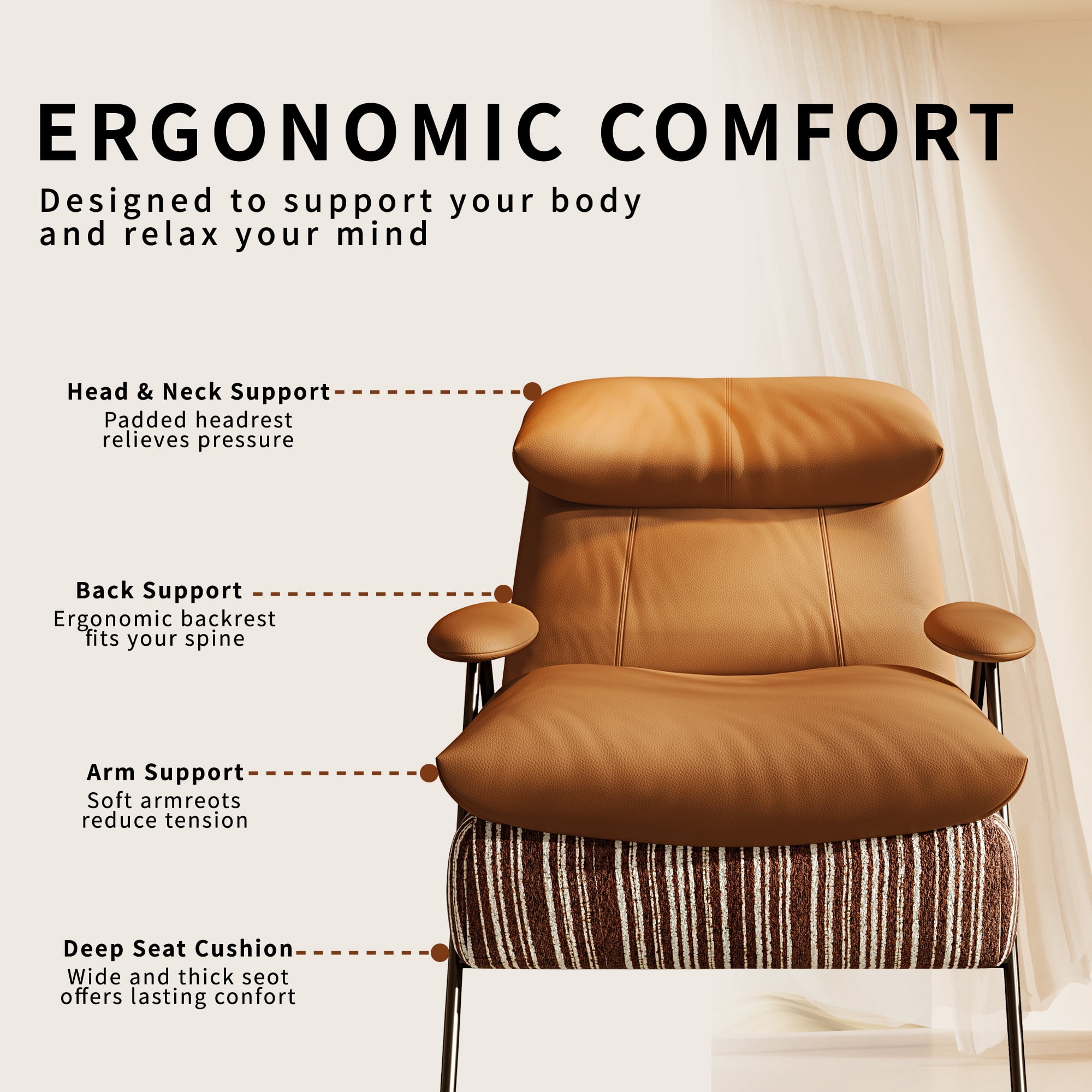Howcool Modern Upholstered Accent Chair,Armchair with Wide Cushioned Seat,Ergonomic Lounge Chair with Solid Wood Frame for Living Room,Bedroom,Orange
