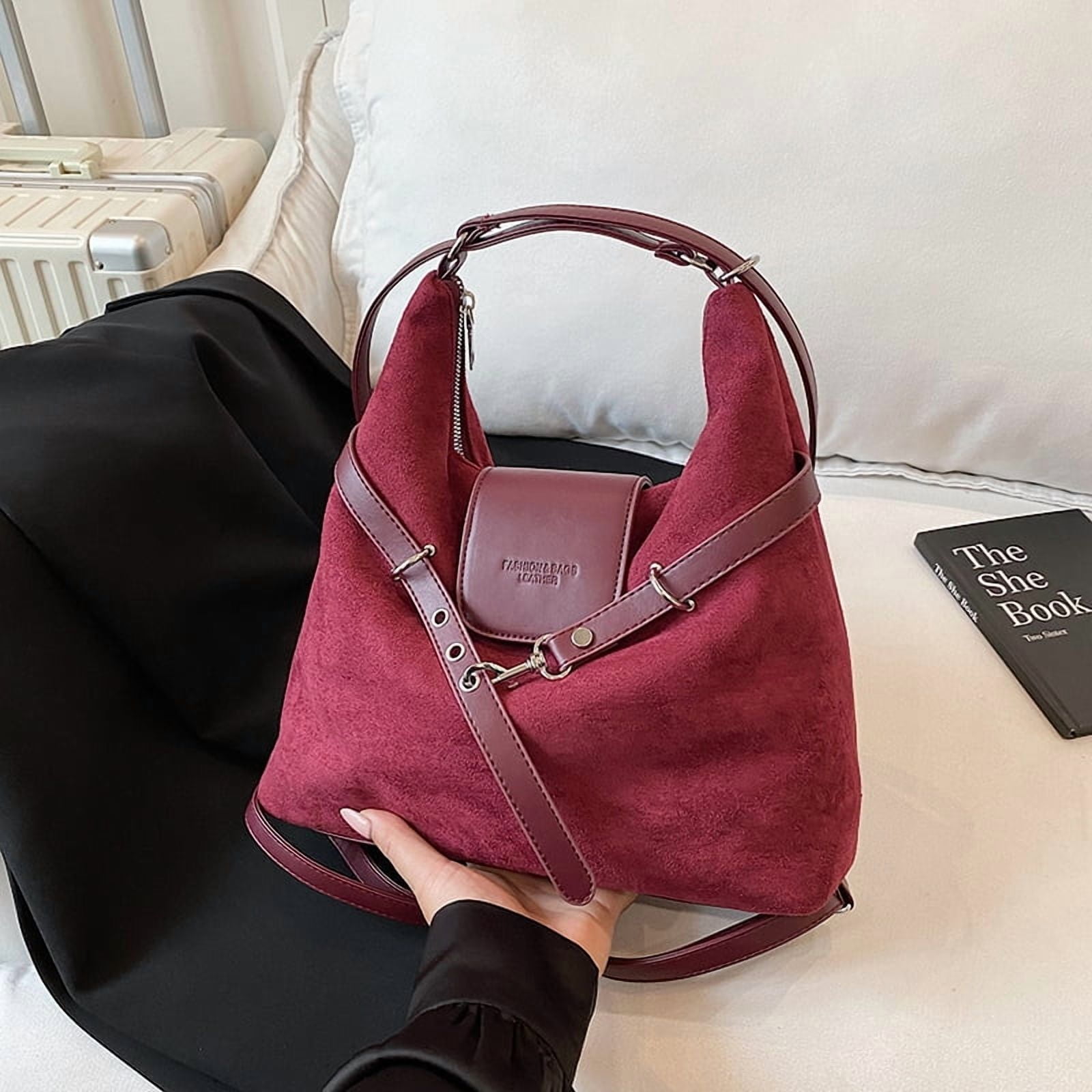 Crossbody Bags for Women, Women Faux Suede Tassel Handbag Adjustable Strap For Work Travel (Wine Red)