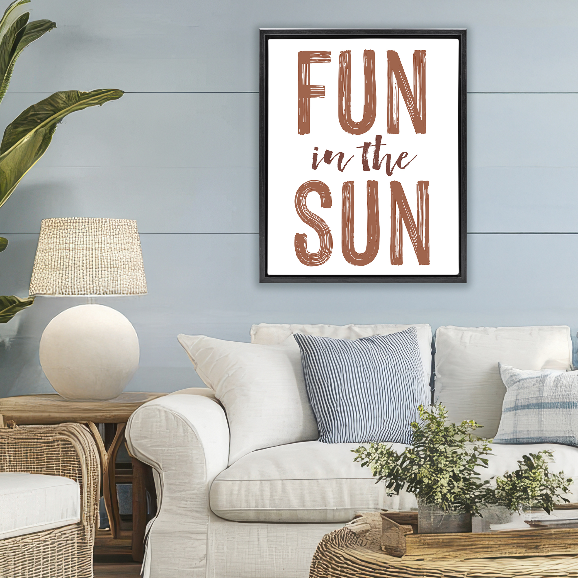 Summer Sentiment Fun In Sun Black Framed Floater Canvas Wall Art, design by Lettered and Lined