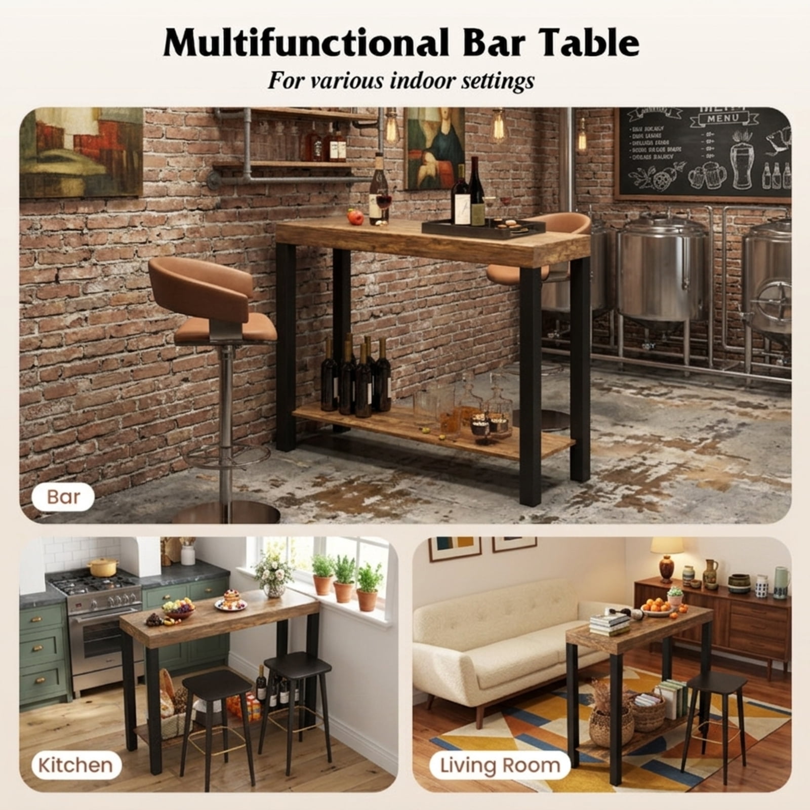 Furnibear 2-Tier Home Bar Table with Open Shelves and Storage for Home Kitchen Living Room Pub for Kitchen Dining Bar Bistro Pub Home, Rustic Brown