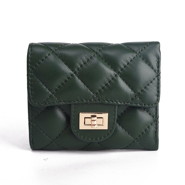 Cartera plegable para mujer, monedero corto, cartera sencilla con rejilla de diamantes, cartera de piel de oveja de gran capacidad, bolso de mano real