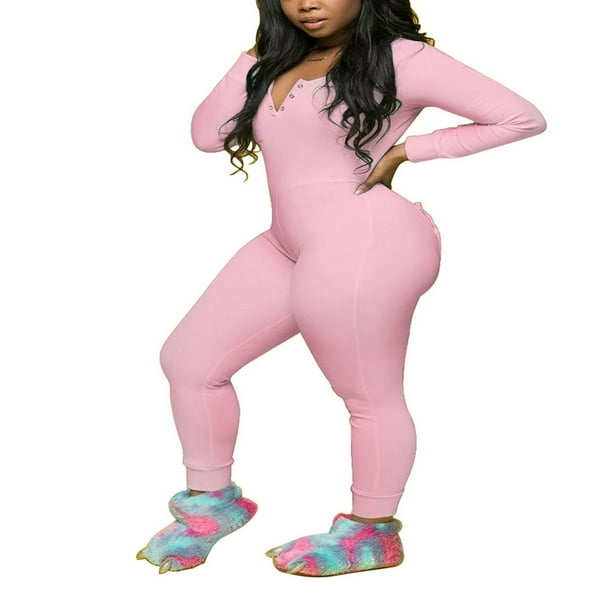 Generic Women s Deep V Neck Onesie Pajamas Jumpsuit Romper Bodysuit With Drop Seat Butt Flap Pink Xl