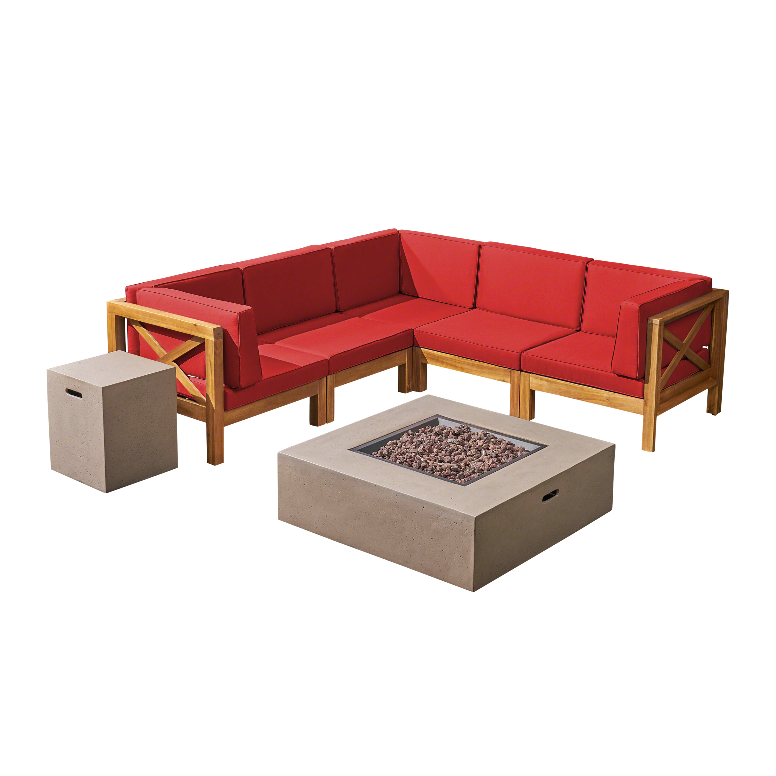 Elisha Outdoor 7 Piece Acacia Wood Sectional Sofa Set with Cushions and Fire Pit, Teak, Red, Light Gray