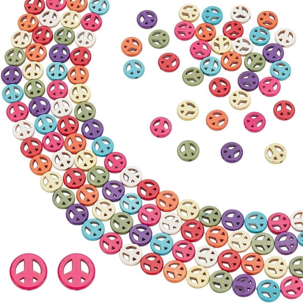 4 hebras de cuentas teñidas en turquesa con el símbolo de la paz, 15,6 pulgadas de largo, hilo elástico colorido, dijes de cuentas con el símbolo de la paz.