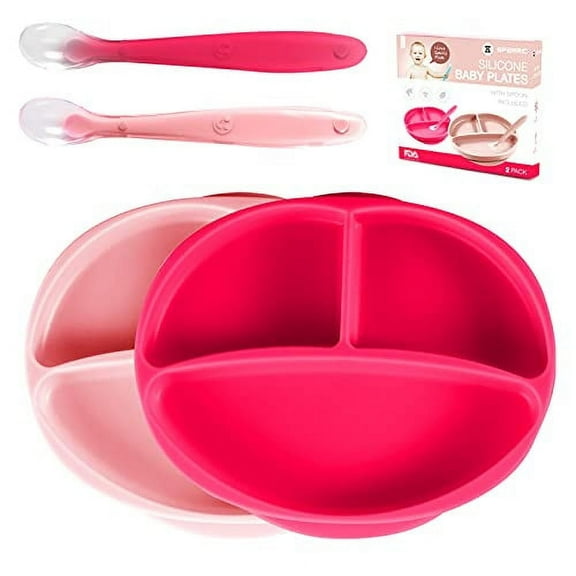 Silicone Suction Plate for Baby - 100% Food Grade Silicone Divided Plate | Toddler Self Feeding Training Suction Plate Set | BPA-Free, Microwave Dishwasher Safe Stay Put Plates (Light & Dark Pink)