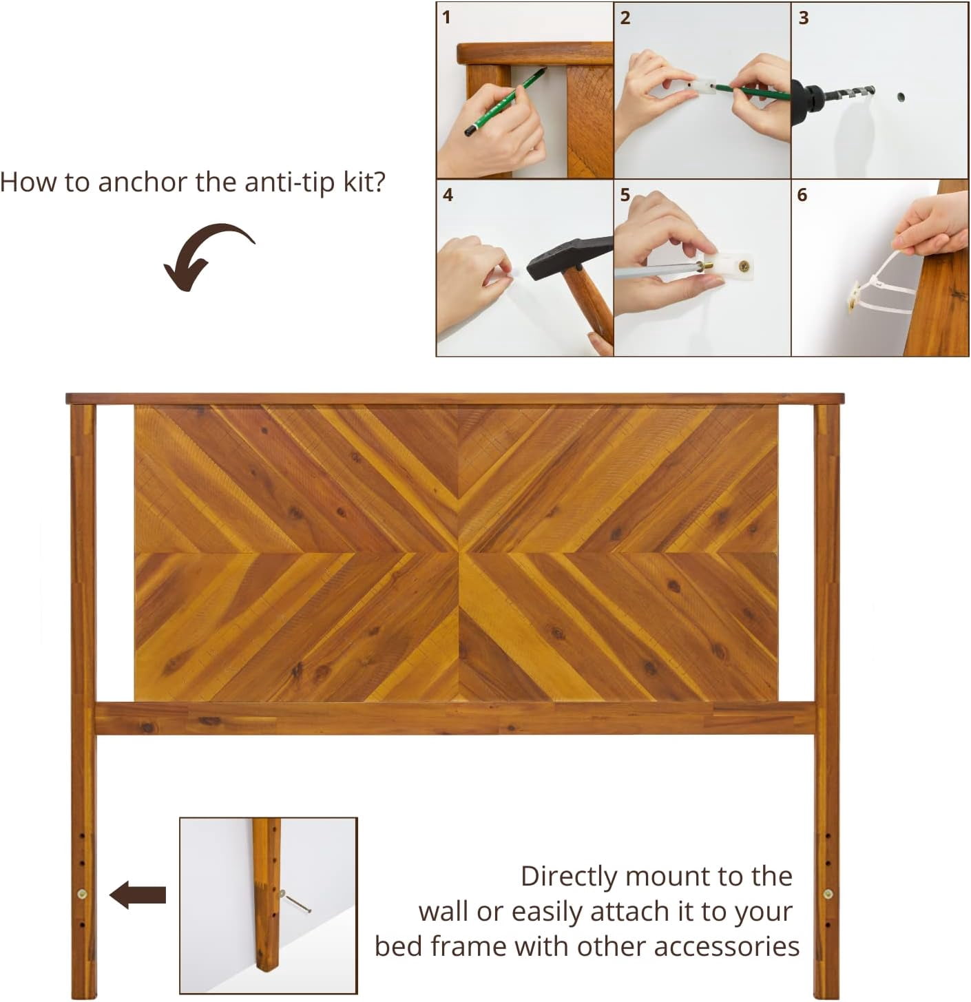 Vivian Queen Headboard ONLY, Rustic & Scandinavian Style with Solid Acacia Wood, Easy Assembly, Rustic Golden Brown