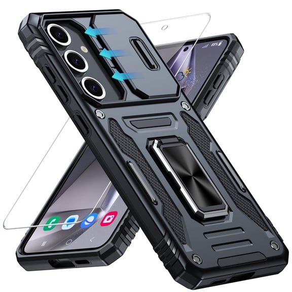 ANTSHARE for Samsung Galaxy S24FE Case with Rotatable Ring Kickstand & 9H ScreenProtector-Black