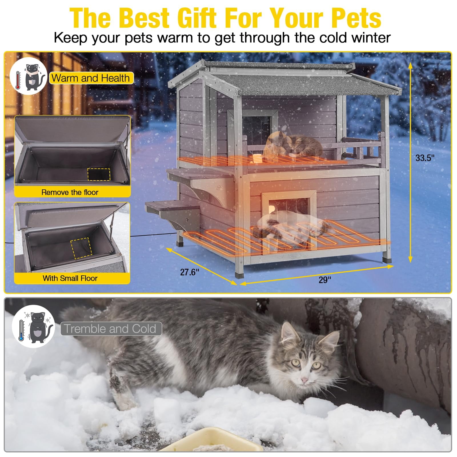 Aivituvin Heated Outdoor Cat House for Outside Insulated Feral Cat Shelter Weatherproof with Heated and Insulated Liner 2 Story