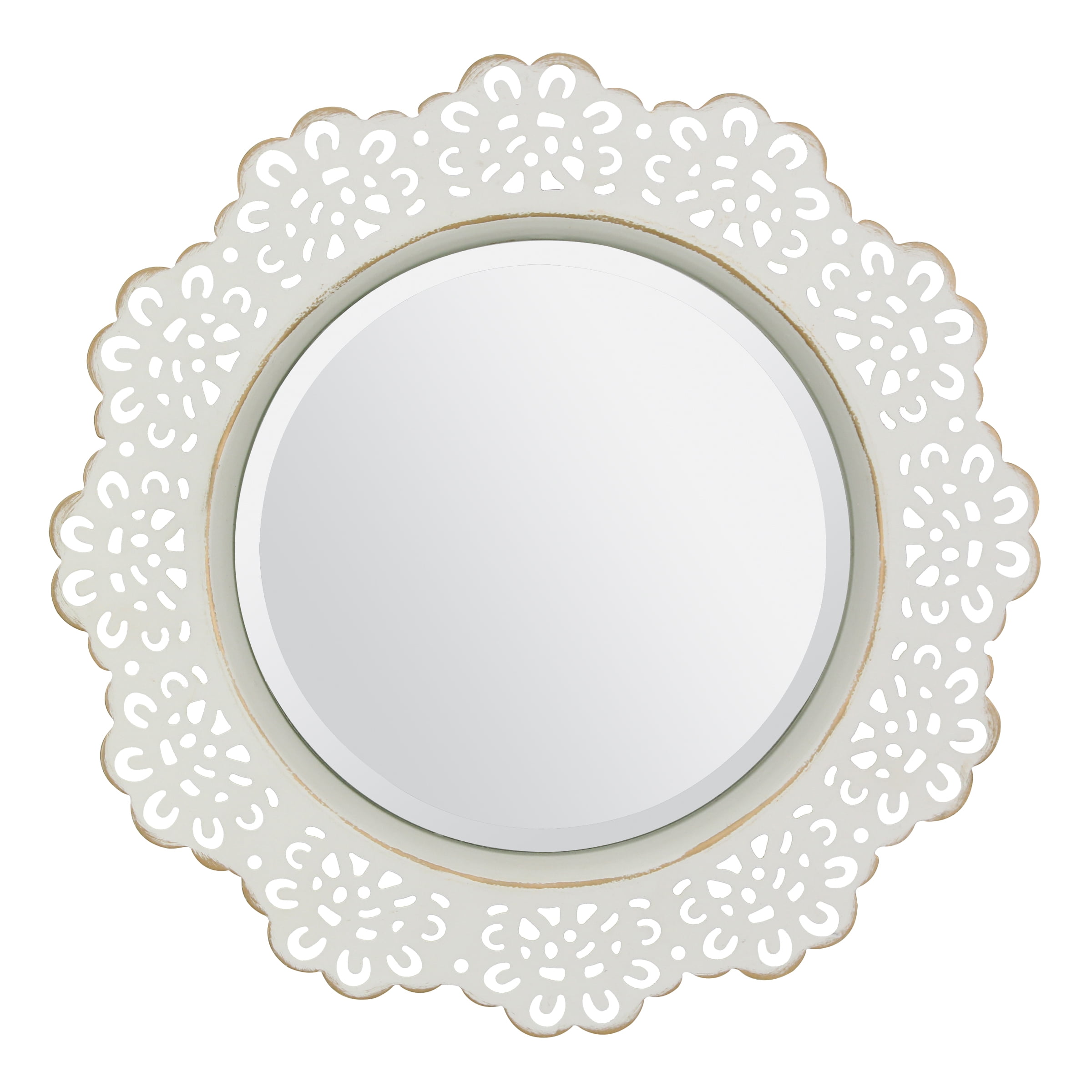 Vintage French Round Bevelled Carved Wall Mounted Mirror White Wash Frame 