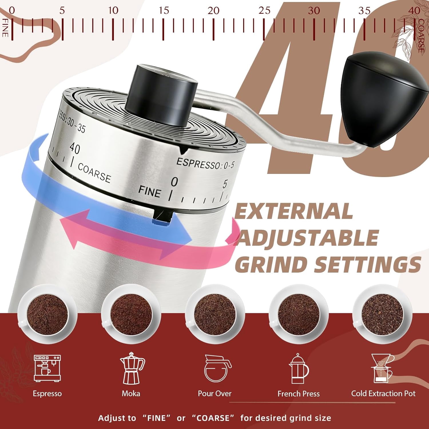Manual 40 External Adjustable Settings, Ceramic Conical Burr Stainless Steel Hand Coffee Bean Grinder, Portable Coffee Mill for Espresso, Pour Over, French Press, Camping Travel
