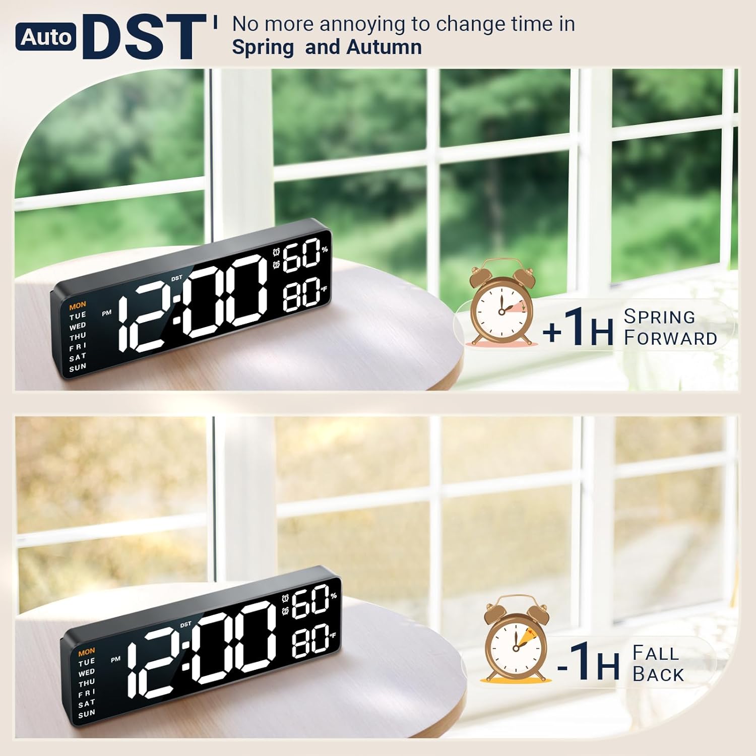10" Digital Wall Clock: Fathers Day Birthday Gifts for Men Women, House Warming Gifts New Home Decor, Dual Alarm Wall Mount Decor Clock for Living Room Bedroom Office Desk Decor White