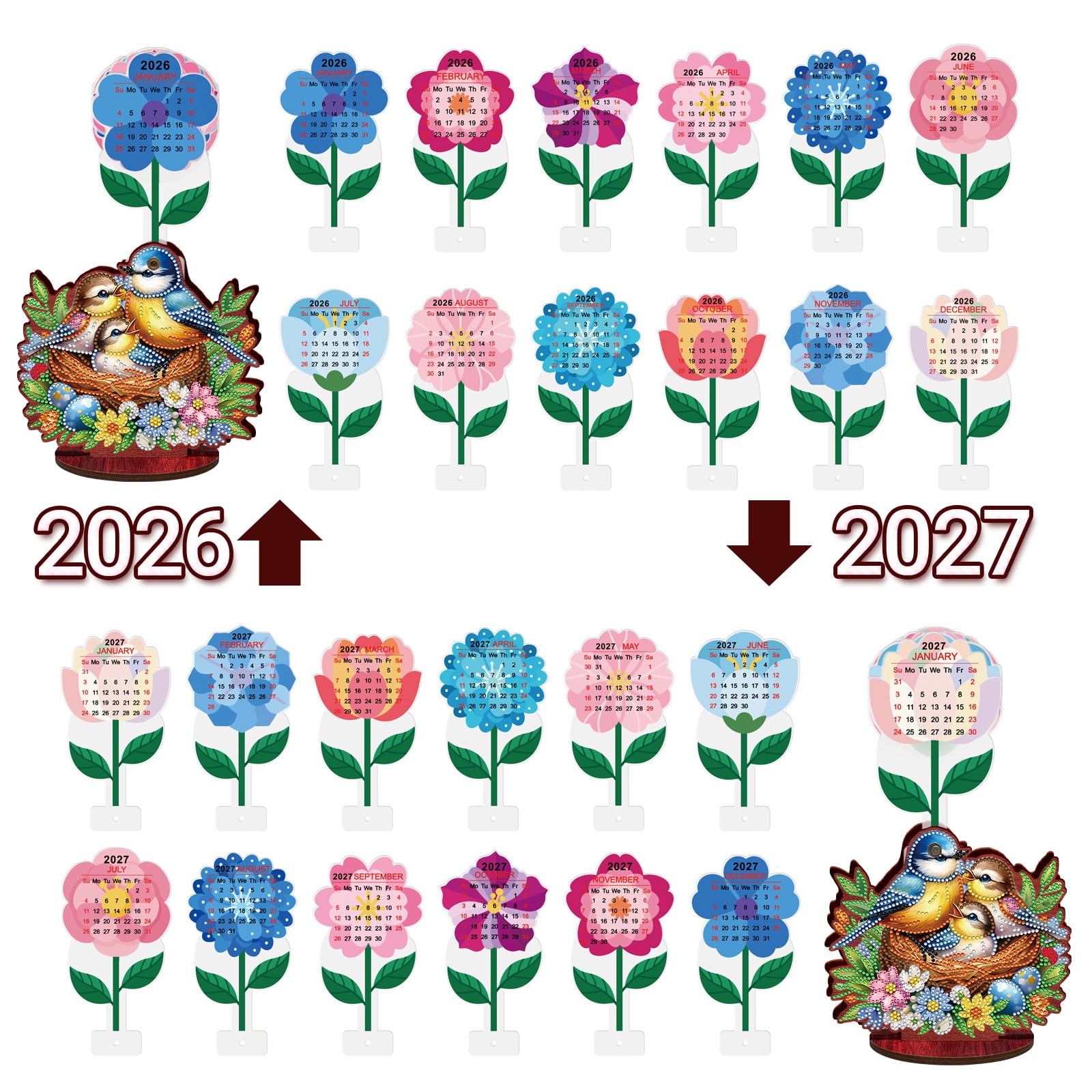 FLOPESN 2026-2027 Wooden Desktop Calendar DIY Diamond Art Painting Kits,Creative Design PVC Insert Home Decor Ornament-Bird