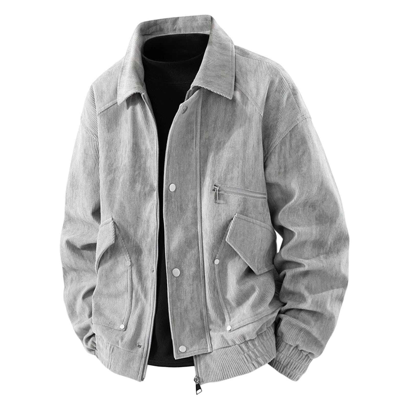 Men's Long Sleeve Lapel Zipper Work Jacket with Corduroy, Vintage