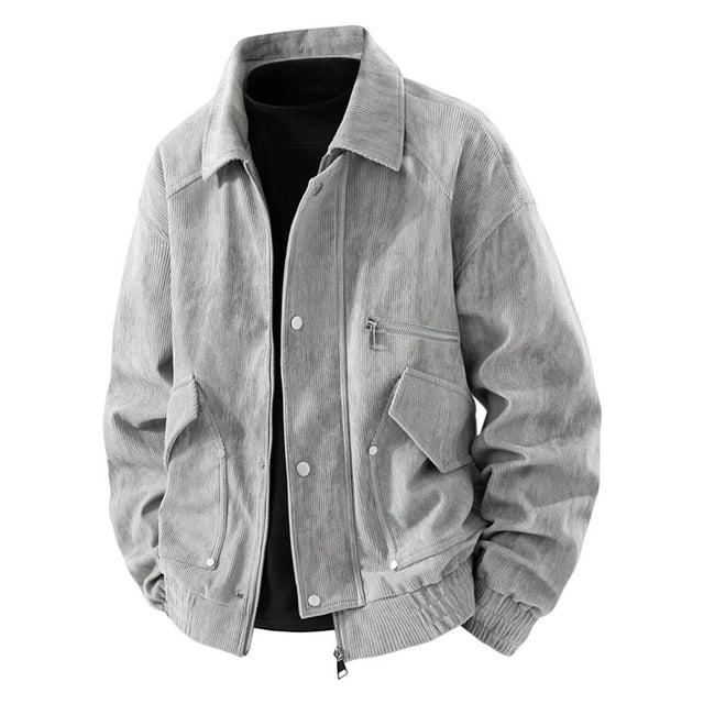 PEONAVET Mens Jacket Men's Solid Color Zipper Cardigan Long Sleeved Lapel Corduroy Workwear Jacket