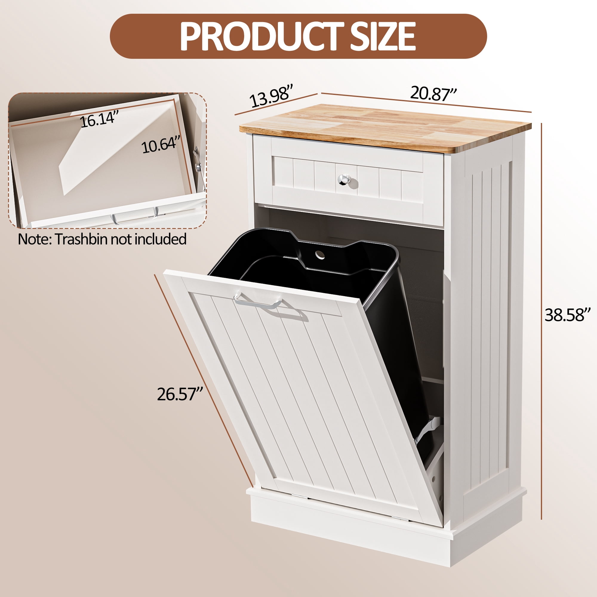 AHB 13 Gallon Single Tilt Out Trash Cabinet with Drawer, Freestanding Kitchen Trash Can Storage Organizer, 20.9"L x 13.55"W x 38.5"H, White