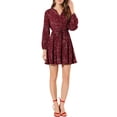 thumbnail image 1 of INSPIRE CHIC Women's V Neck Floral Print Elastic Waist Button Down A-Line Mini Midi Dress XS Burgundy, 1 of 7