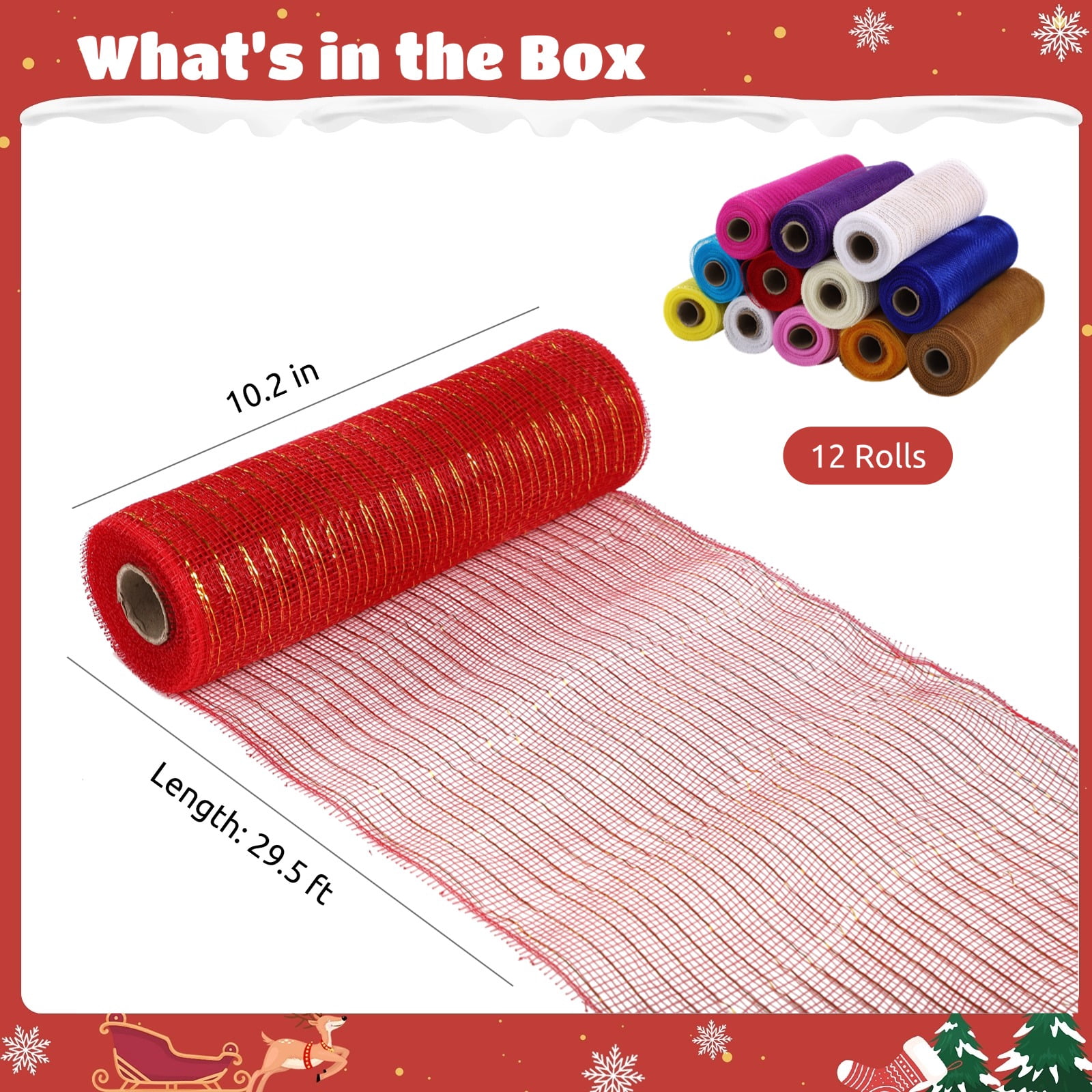 12 Rolls Deco Mesh Ribbons, 29.5 ft x 10.2 in Metallic Foil Poly Mesh, Assorted Colors, Flexible Wrap Netting for Wreath Making Crafts, Party Decorations