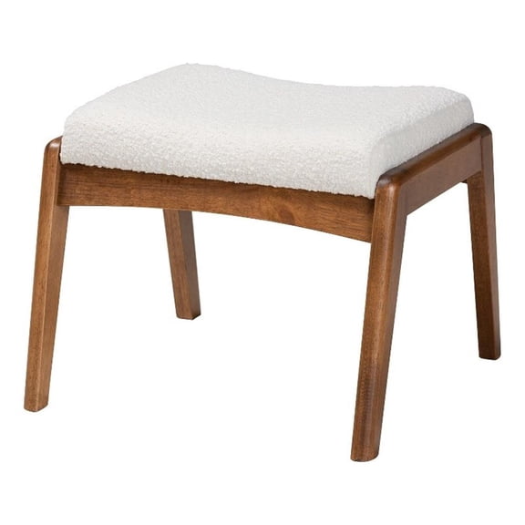 Bowery Hill White Boucle Upholstered and Brown Wood Ottoman Footstool