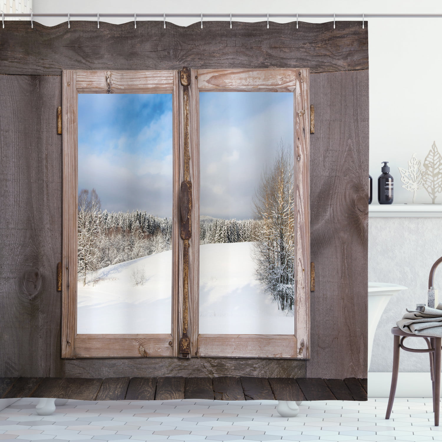 Modern Rustic Wood Wall Shower Curtain Liner Bathroom Waterproof Fabric & Hooks 