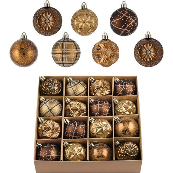 JL Fall Ornaments for Christmas Trees, 16ct Bronze Copper Brown Gold Shatterproof Fall Christmas Tree Decorations, 2.36 Inches Luxury Hanging Ball Ornaments for Thanksgiving Autumn Harvest