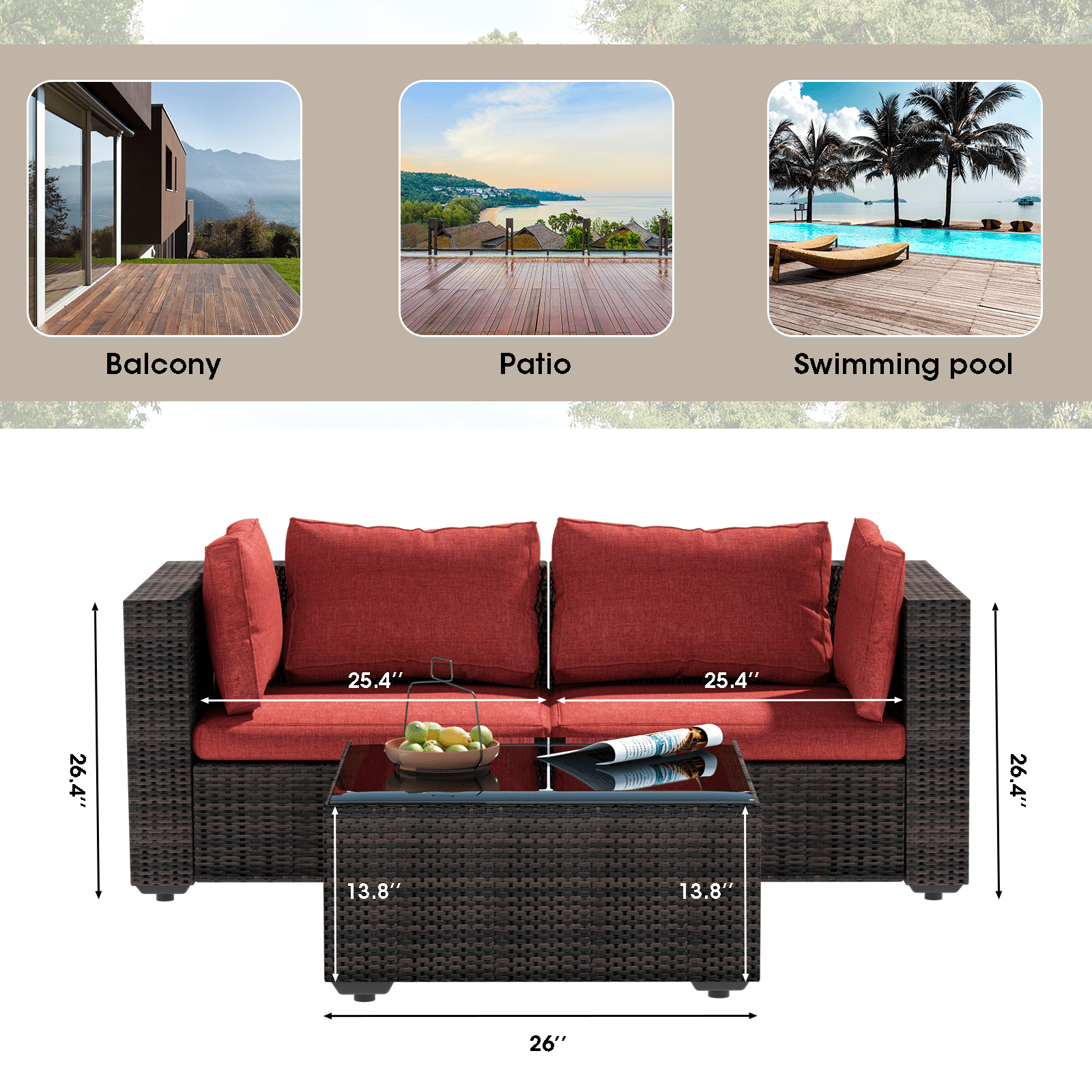 Grezone 3 Pieces Patio Furniture Set, All Weather Outdoor Sectional PE Rattan, Patio Conversation Sets with Cushions and Glass Coffee Table for Garden Lawn Balcony Porch Deck, Red