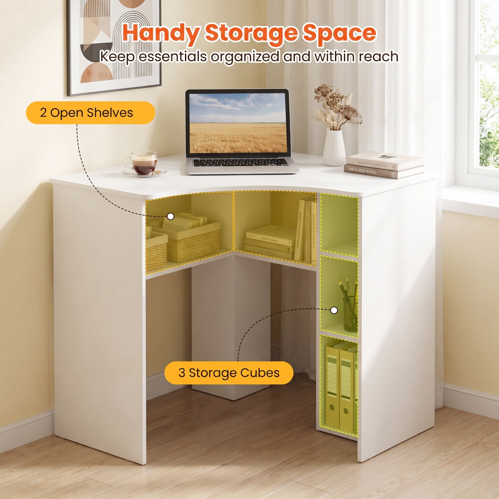 Furnibear Corner Computer Desk with Adjustable Shelf and Arc-Shaped Profile Triangle Home Office Desk with Open Shelves for Study, White