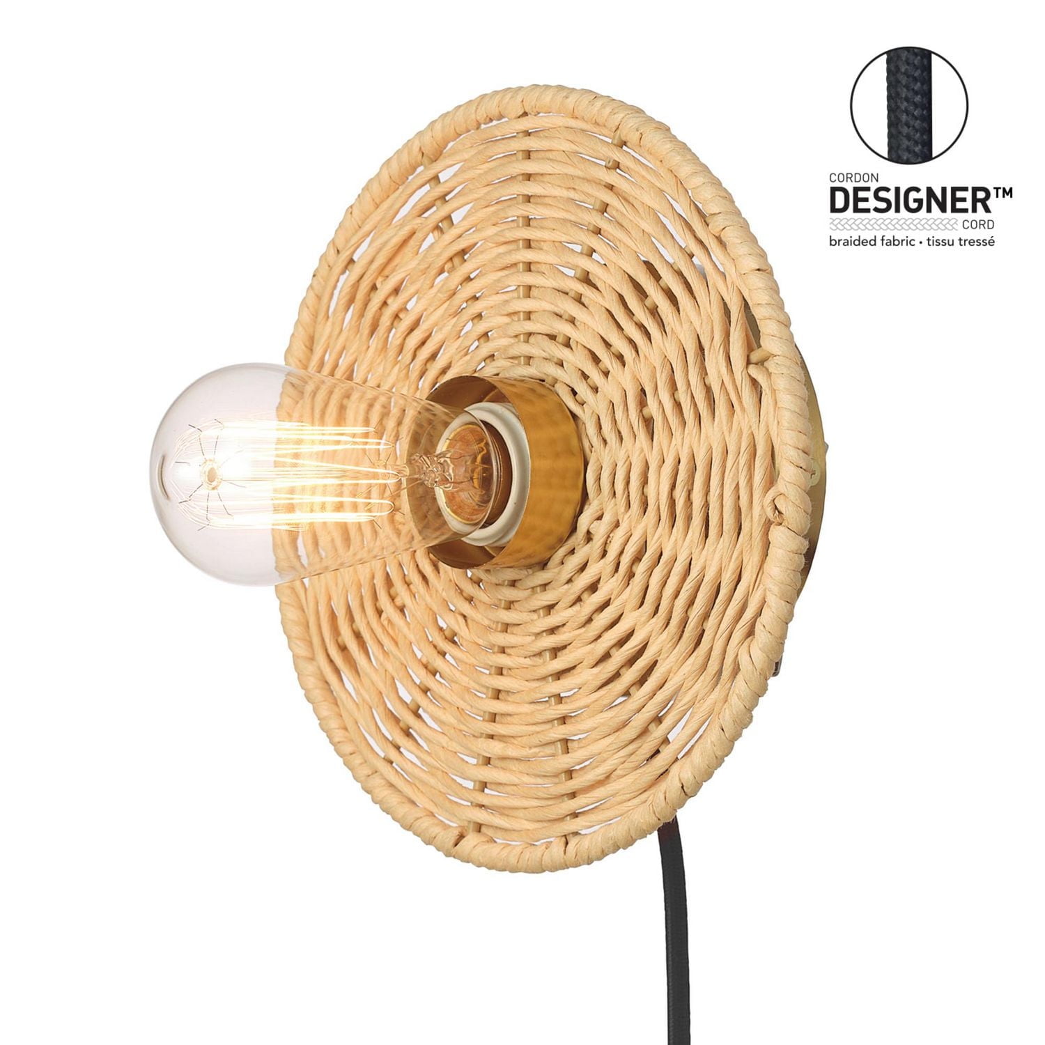 1-Light Plug-In or Hardwire Wall Sconce with Natural Twine Blackplate, 91004441