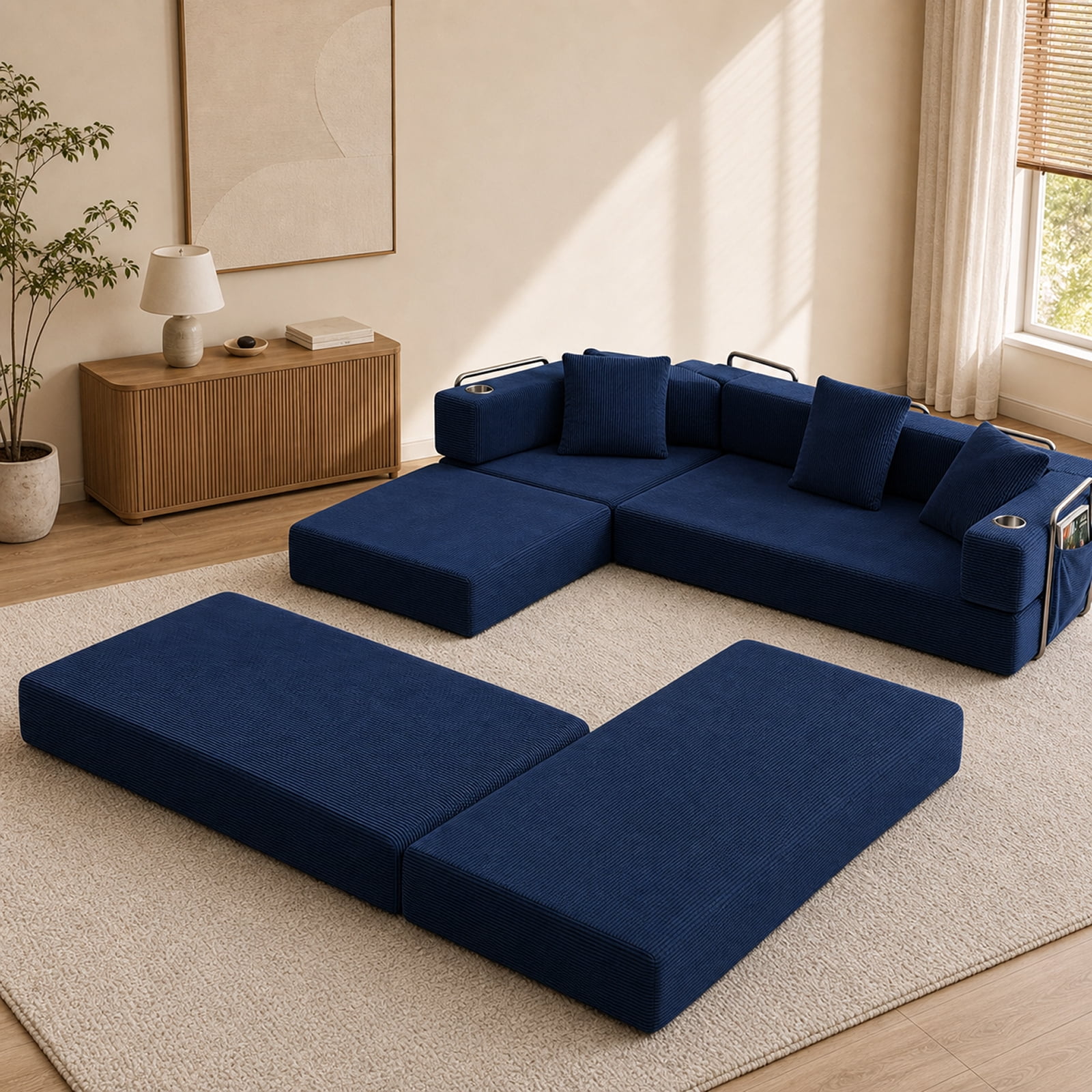 Garitin Sectional Sofa and Modular L Shape Cloud Couch 108 Inch, Boneless Deep Seat Corduroy Living Room Furniture, Blue