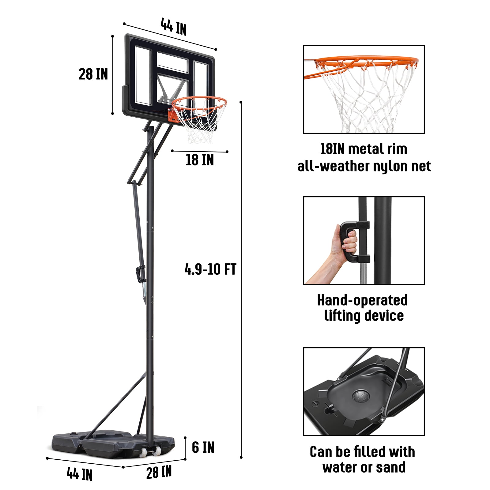SERAY Basketball Hoop 4.9-10 feet Height Adjustable for Kids, Teens & Adults, 44 inch Backboard and Portable Wheels, Basketball Goal System for Outdoor/Indoor Sports