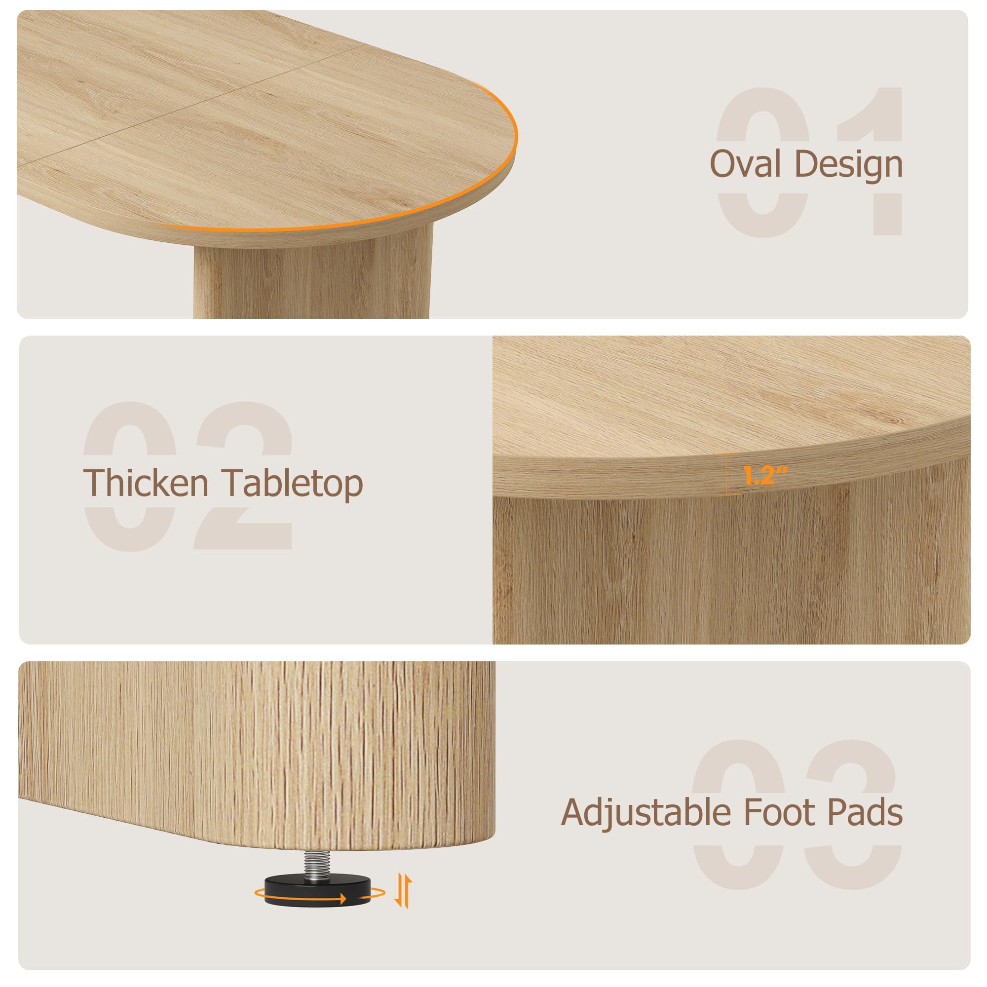 Oval Dining Table for 6-8 People, Long Large Kitchen Table with Thick Sturdy Wooden Base, Farmhouse Dining Room Table for for Kitchen, Living Room, Office