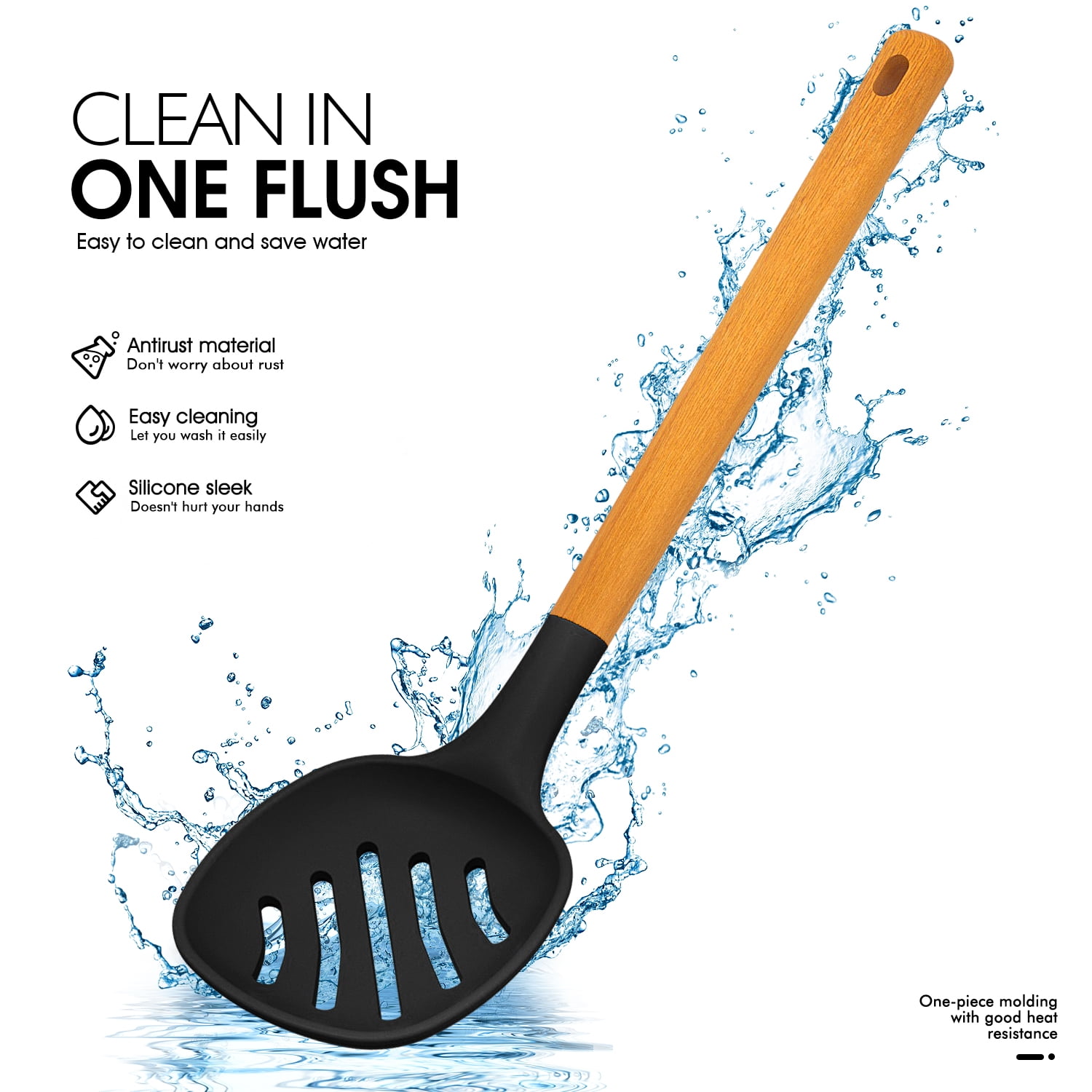 Large Silicone Cooking Utensils Set - Heat Resistant Silicone Utensils for Cooking w Long Wooden Handles, Kitchen Utensil Spatula Set, Kitchen Gadgets for Non-Stick Cookware, BPA Free(Black)