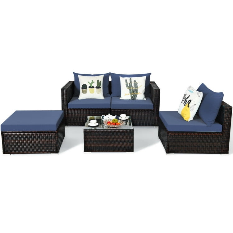 GVN 5 Pieces Patio Rattan Sectional Furniture Set with Cushions and Coffee Table -Navy, Outdoor Sofa Sectional , Coffee Table for Patio Back Deck, Balcany, Poolside