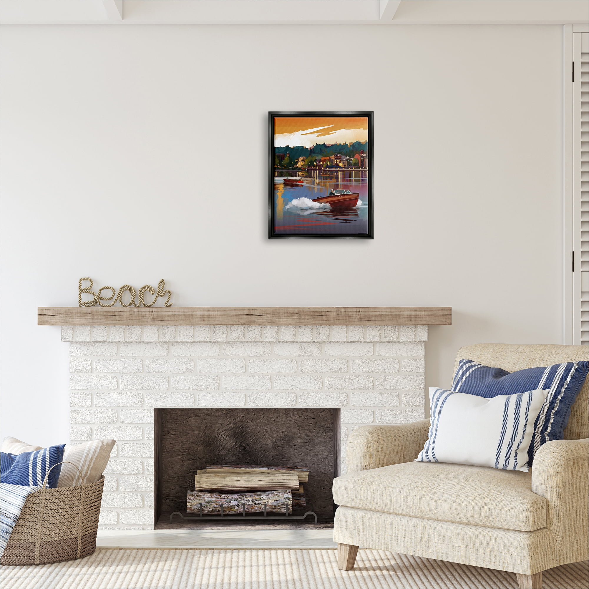 Stupell Industries Boats at Sunset Pier Transportation Painting Black Floater Framed Canvas Art Print Wall Art, 17 x 21